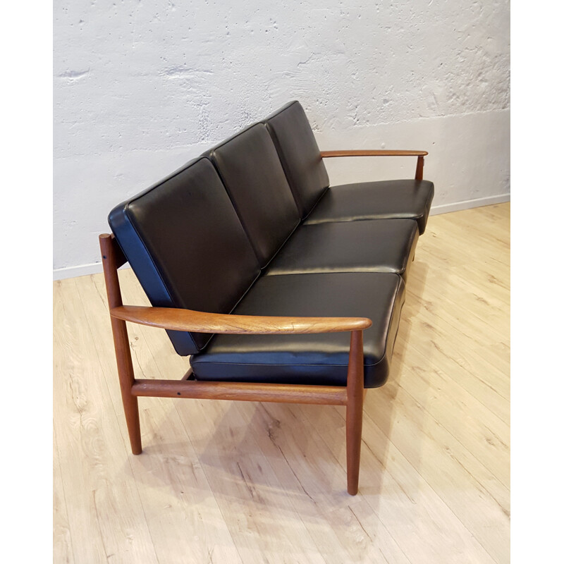 3 seater sofa in solid teak and black leatherette, Grete JALK - 1960s