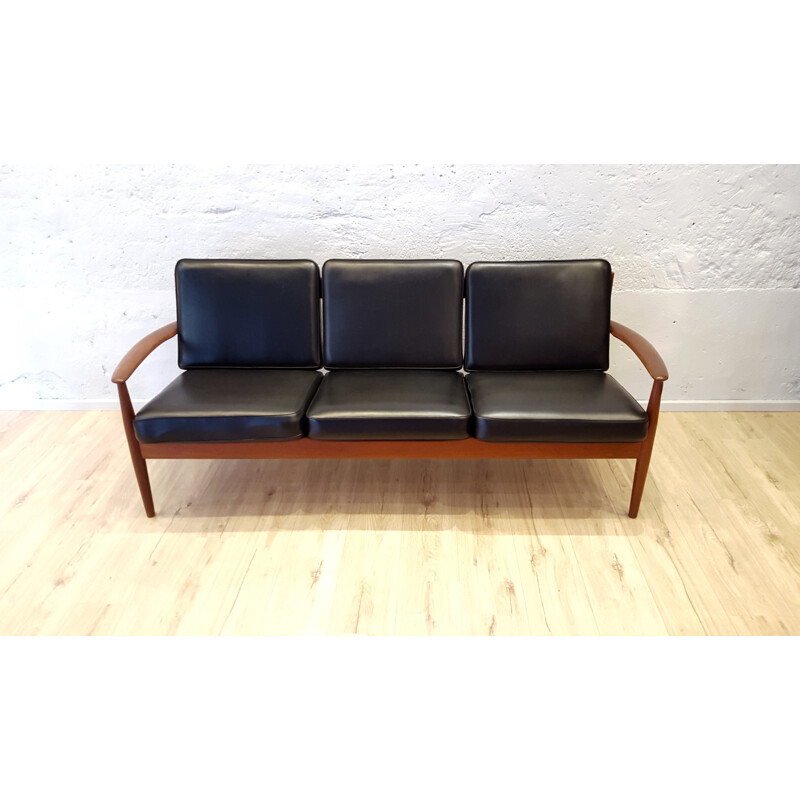 3 seater sofa in solid teak and black leatherette, Grete JALK - 1960s