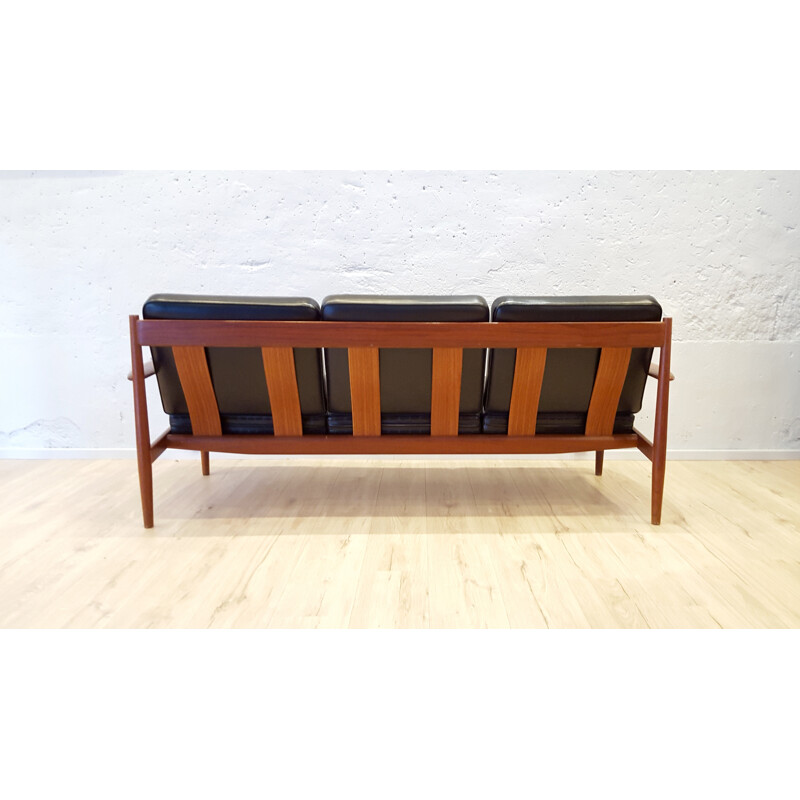 3 seater sofa in solid teak and black leatherette, Grete JALK - 1960s