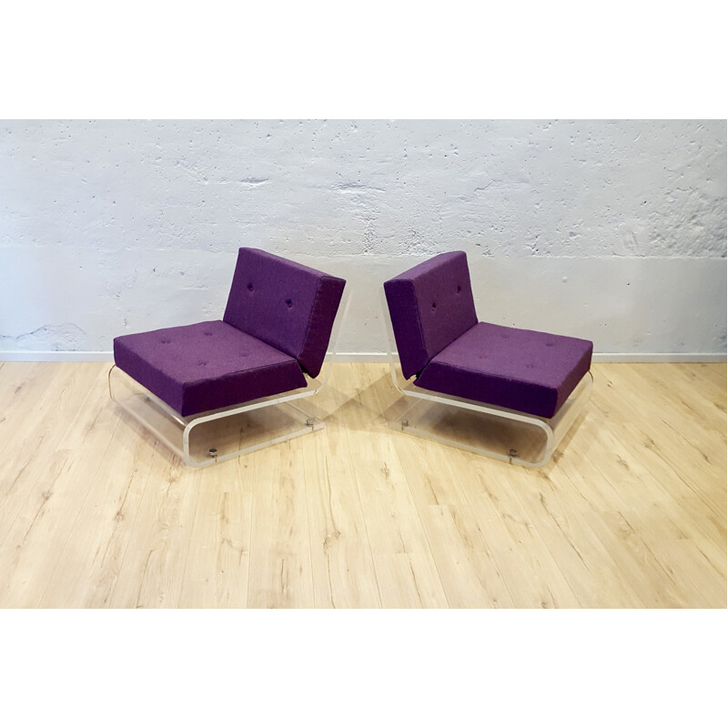 Pair of low chairs in plexi, foam and fabric, Jacques CHARPENTIER - 1970s