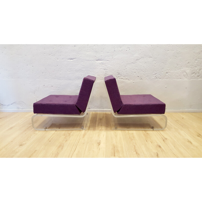 Pair of low chairs in plexi, foam and fabric, Jacques CHARPENTIER - 1970s