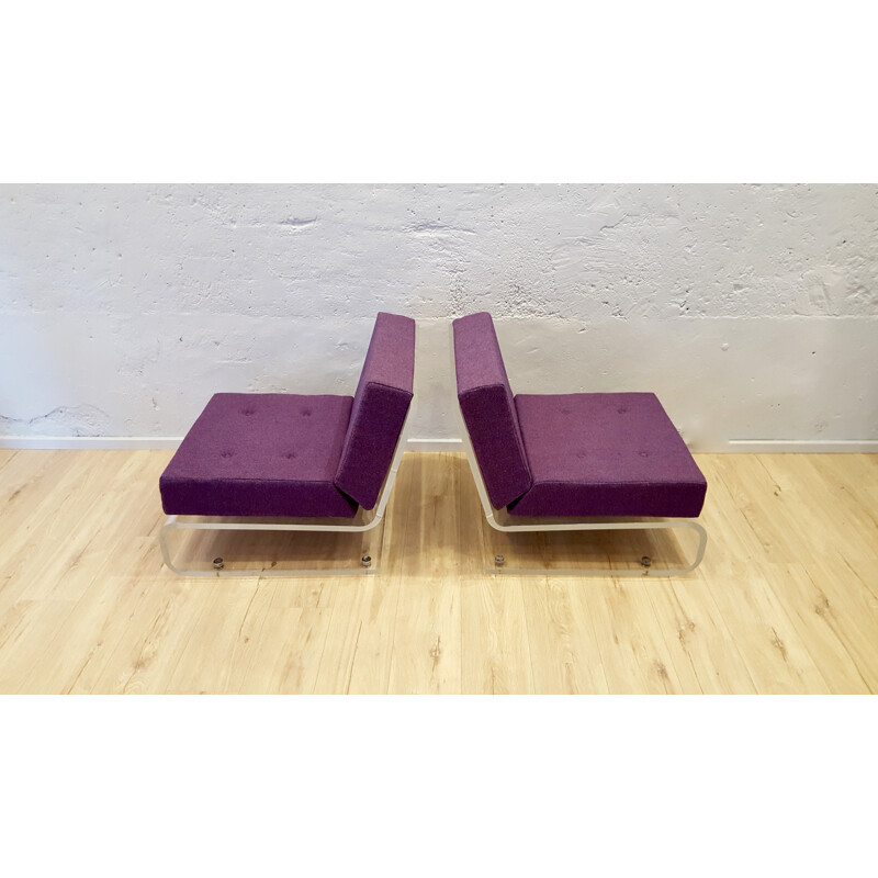 Pair of low chairs in plexi, foam and fabric, Jacques CHARPENTIER - 1970s