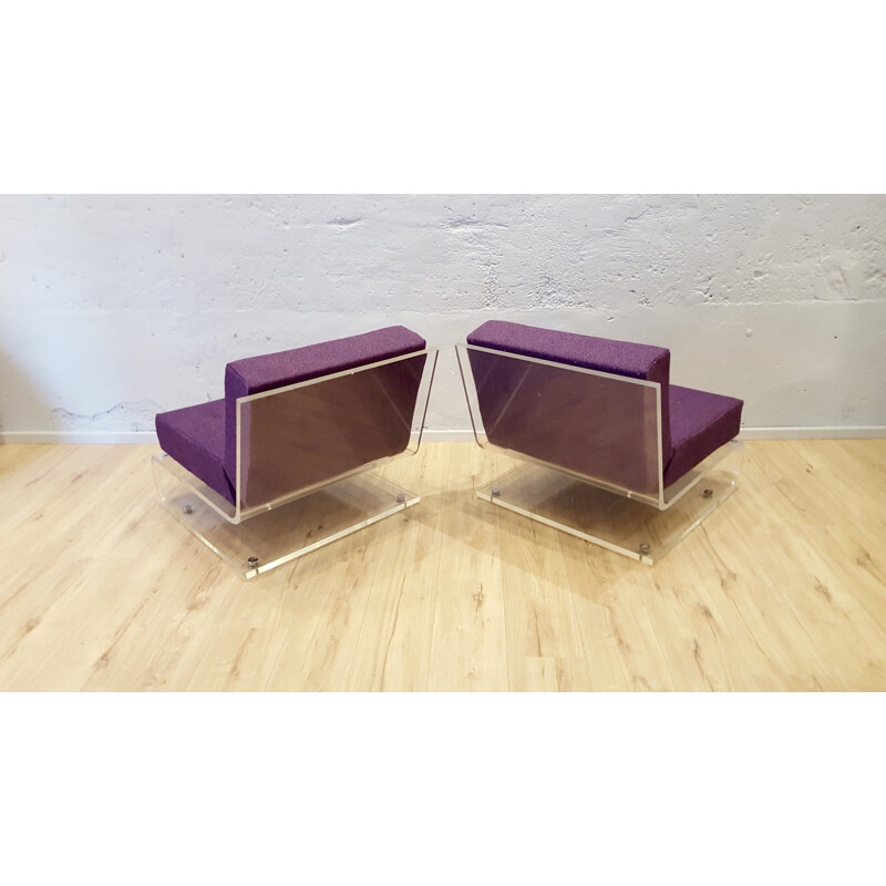 Pair of low chairs in plexi, foam and fabric, Jacques CHARPENTIER - 1970s