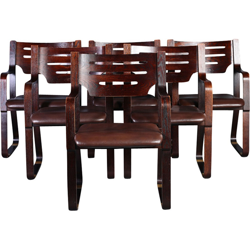 Set of 6 Leather & Bentwood Dining Chairs - 1960s