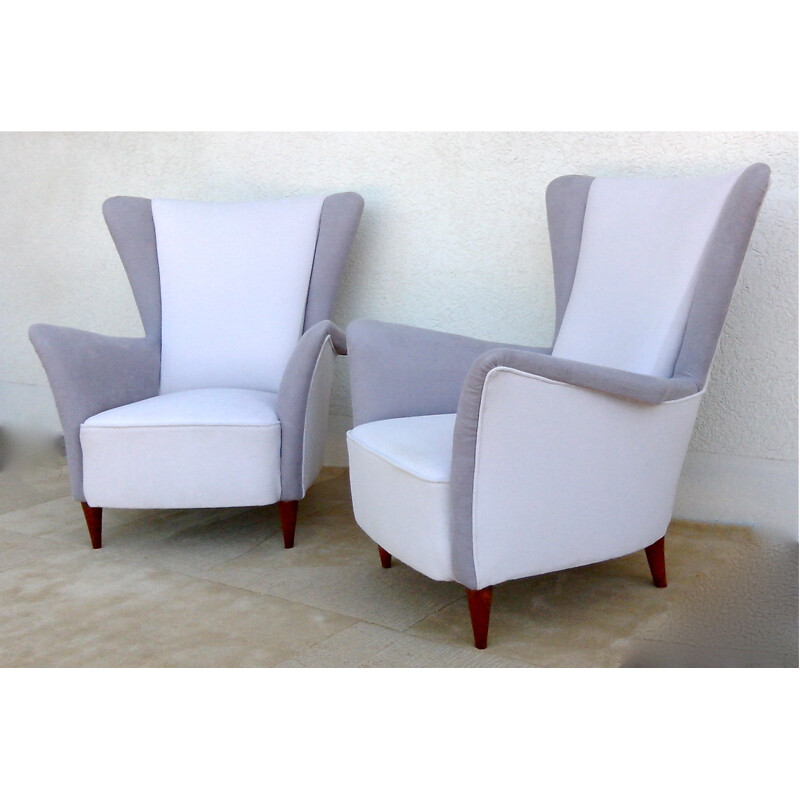Pair of italian armchairs in grey fabric, Paolo BUFFA - 1950s