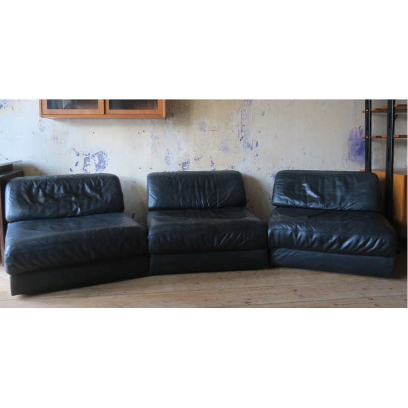 Vintage Set of 3 D76 Modular Black Leather Seating Units from de Sede - 1970s