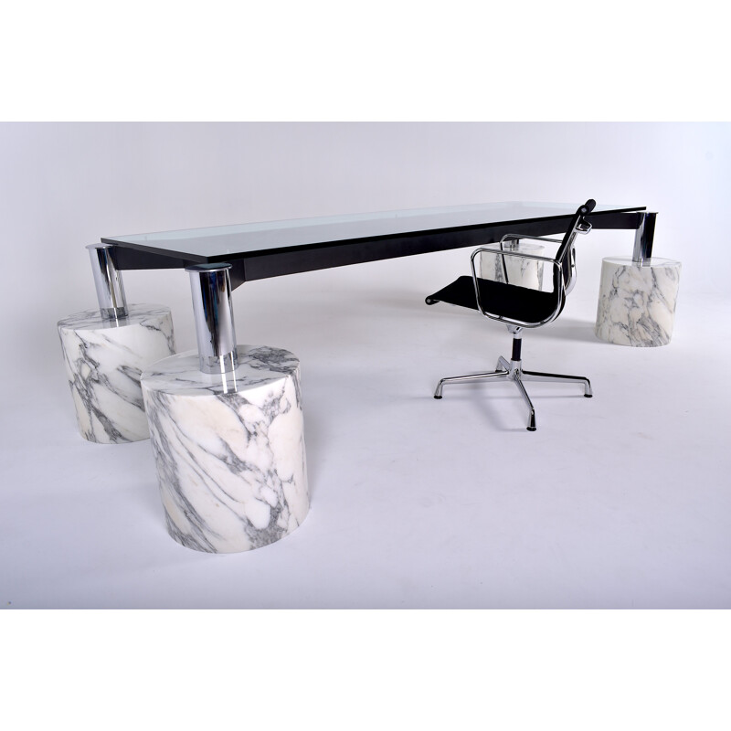 Conference table  in glass with marble feet - 1980s