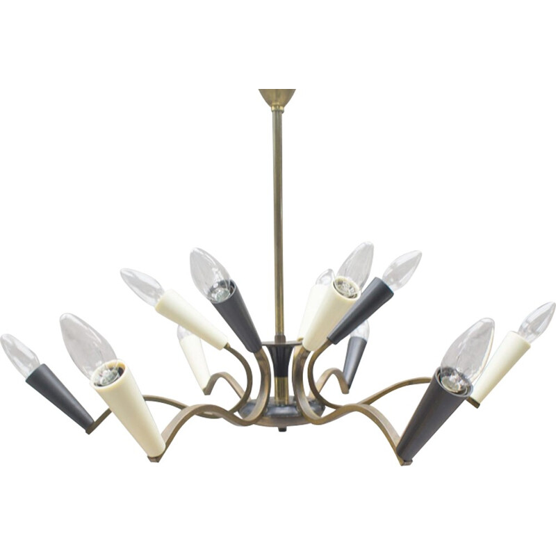Vintage black and white chandelier with brass frame, 1960