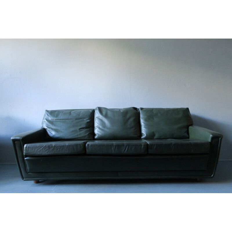 Vintage Green Leather 3 Seater Sofa - 1960s