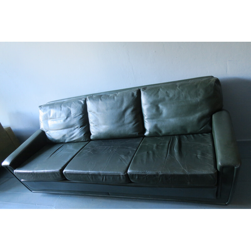 Vintage Green Leather 3 Seater Sofa - 1960s