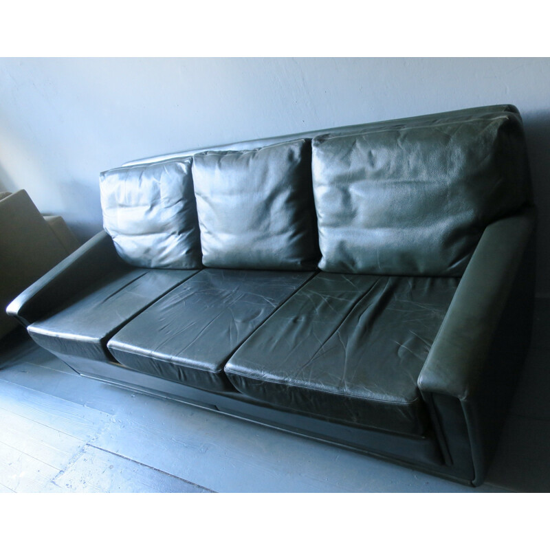 Vintage Green Leather 3 Seater Sofa - 1960s