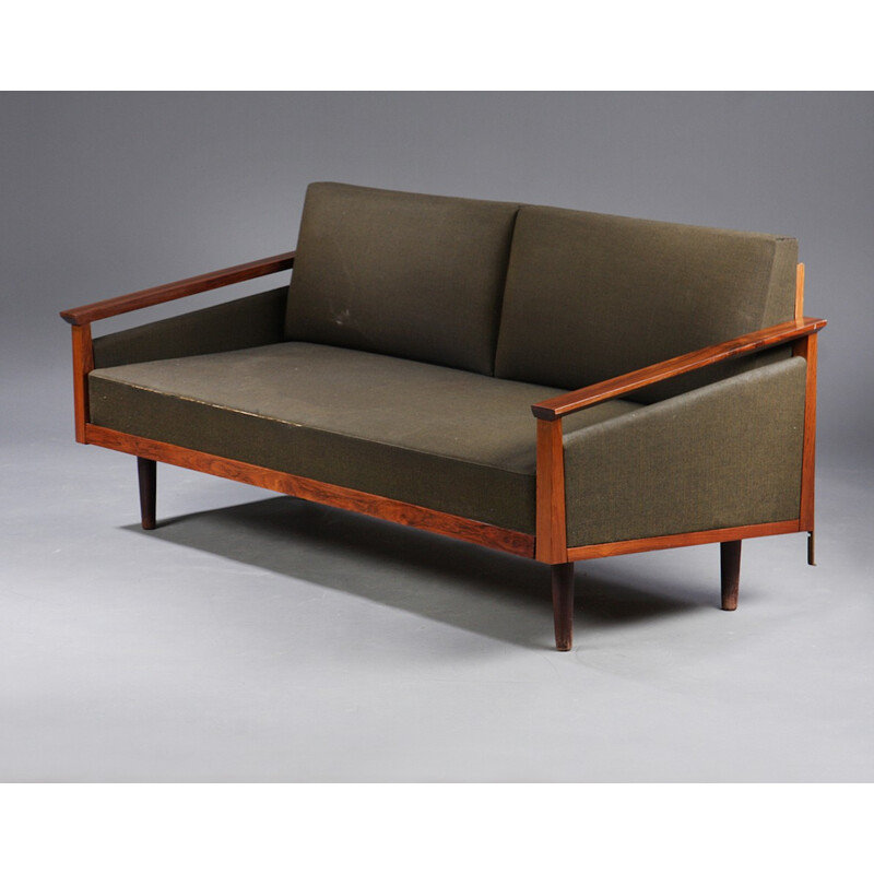 Canapé-lit vintage en palissandre & laine verte - 1960