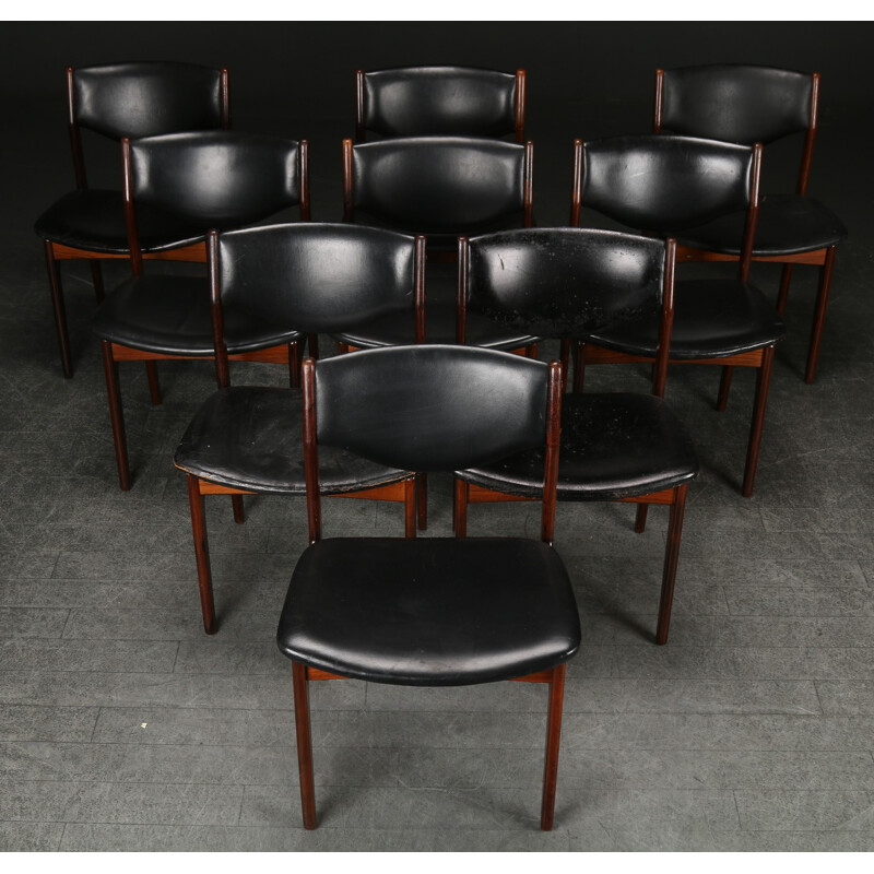 Suite de 9 Chaises vintage en palissandre et cuir - 1960