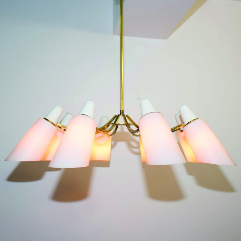 Vintage Sputnik chandelier with 8 opaline shades by Stilnovo Style, Italy 1950