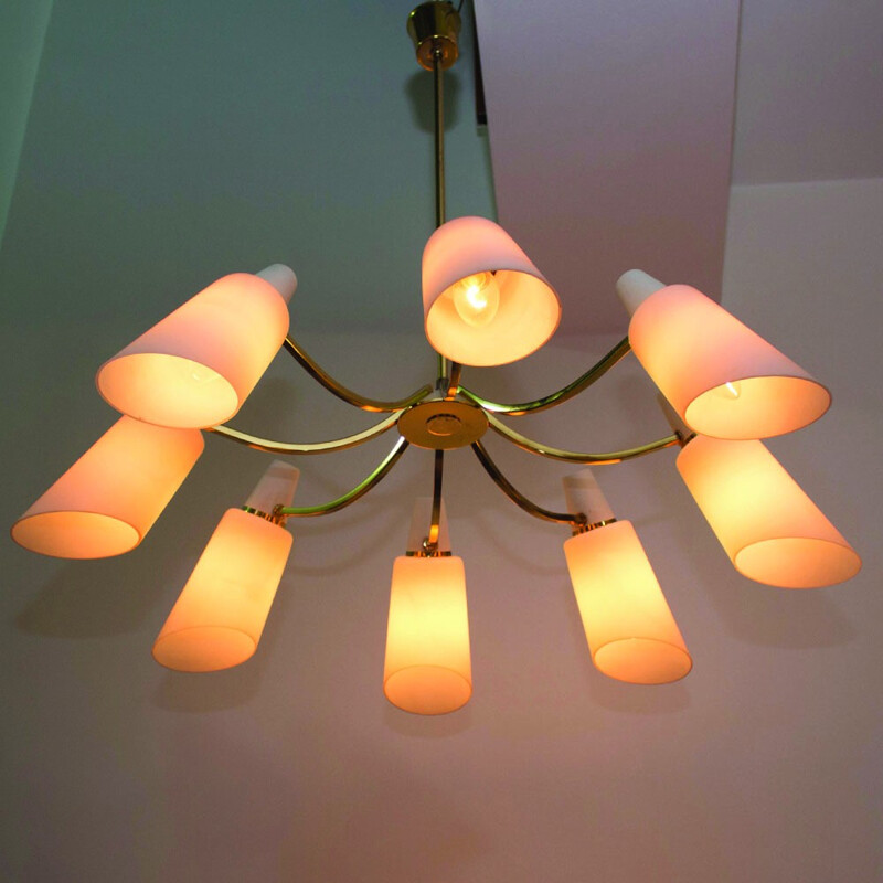 Vintage Sputnik chandelier with 8 opaline shades by Stilnovo Style, Italy 1950