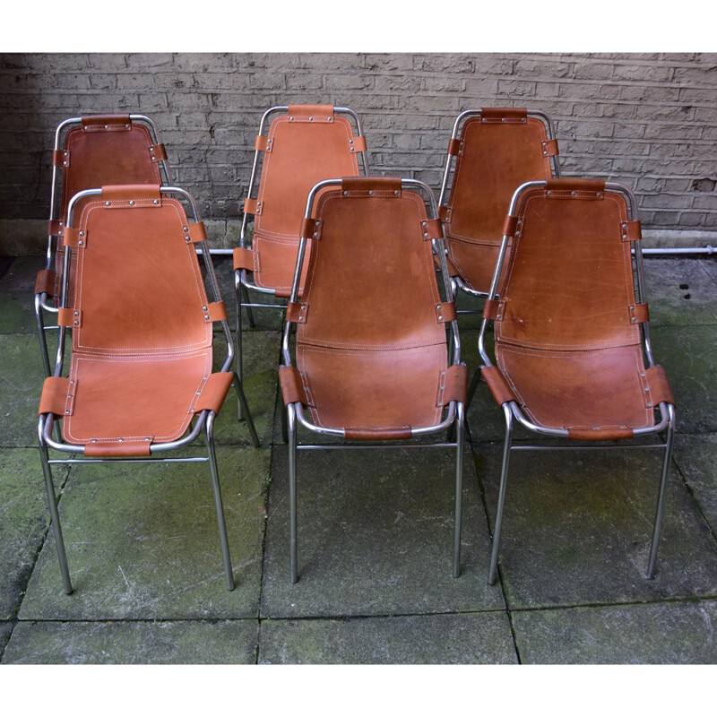 Suite de 6 chaises vintage en cuir marron pour LES ARCS - 1970