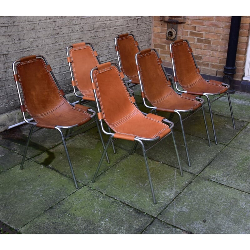 Suite de 6 chaises vintage en cuir marron pour LES ARCS - 1970