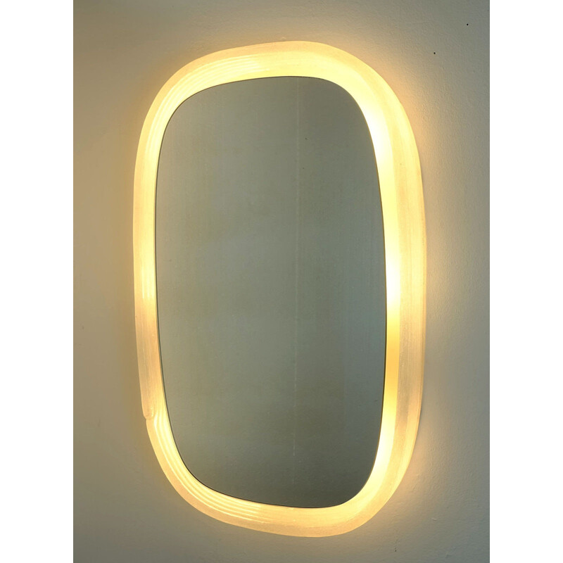 Vintage "optical" wall miror with lighting in plastic and iced-glass - 1960s