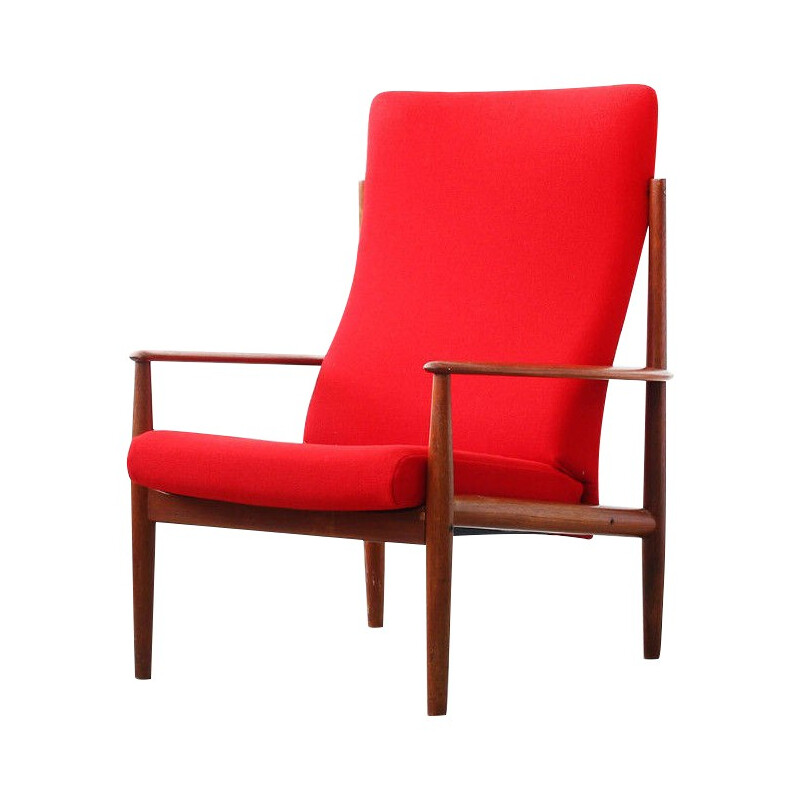 Armchair in teak and red fabric, Grete JALK - 1960s