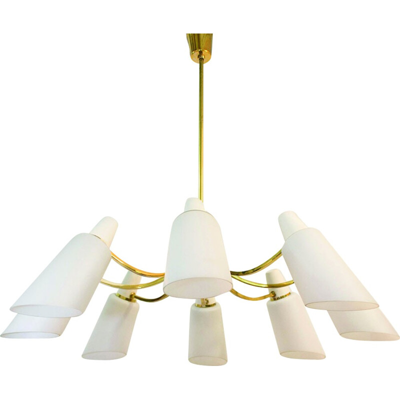 Vintage Sputnik chandelier with 8 opaline shades by Stilnovo Style, Italy 1950