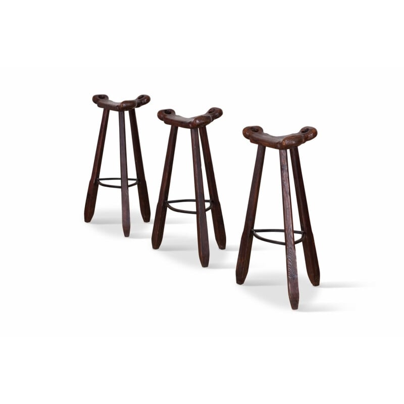 Vintage set of 3 "Marbella" Oak Bar Stools - 1970s