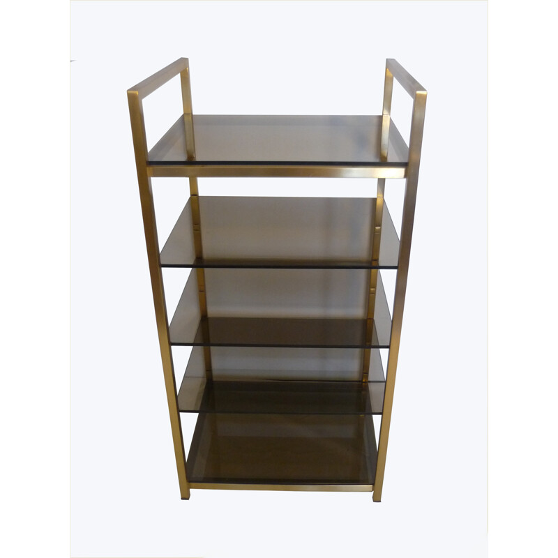 Shelf in brass with 5 adjustable trays of smoked glasses - 1970s