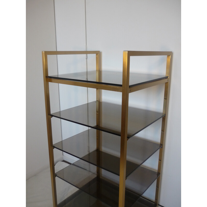 Shelf in brass with 5 adjustable trays of smoked glasses - 1970s