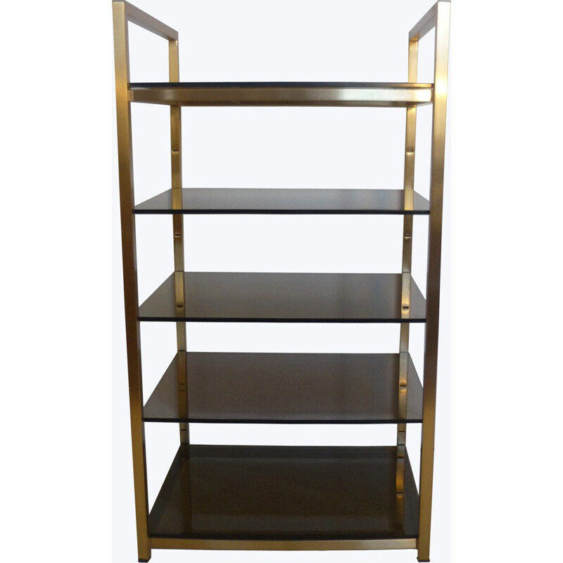 Shelf in brass with 5 adjustable trays of smoked glasses - 1970s