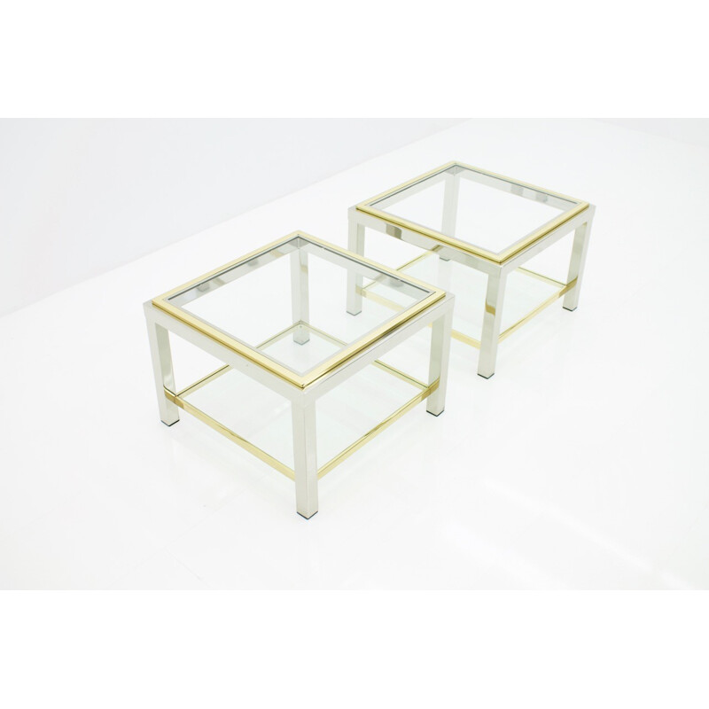 Pair of Vintage Chrome Glass and Brass Side Tables - 1970s
