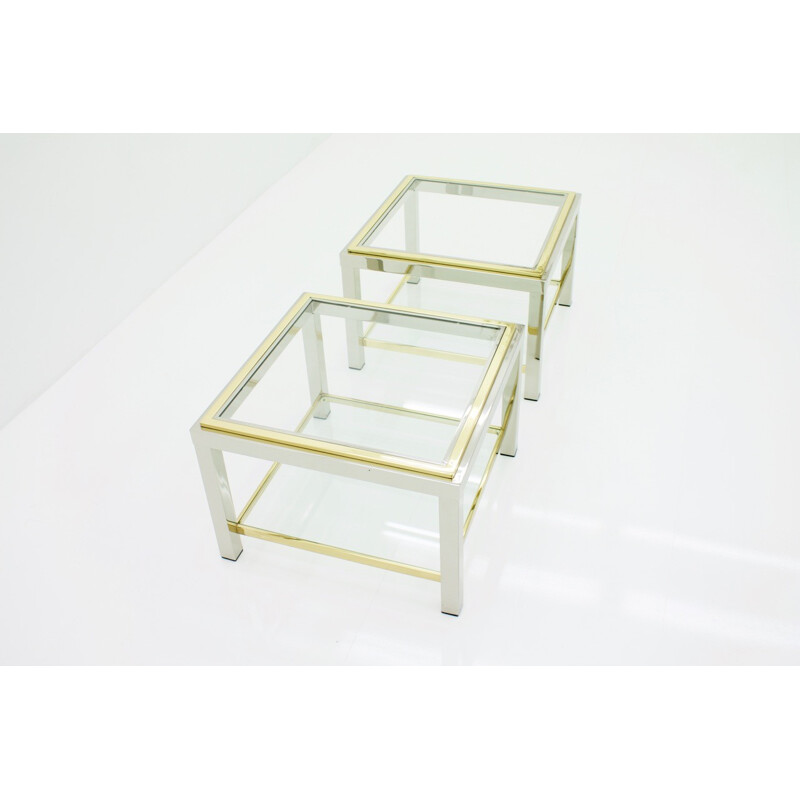 Pair of Vintage Chrome Glass and Brass Side Tables - 1970s