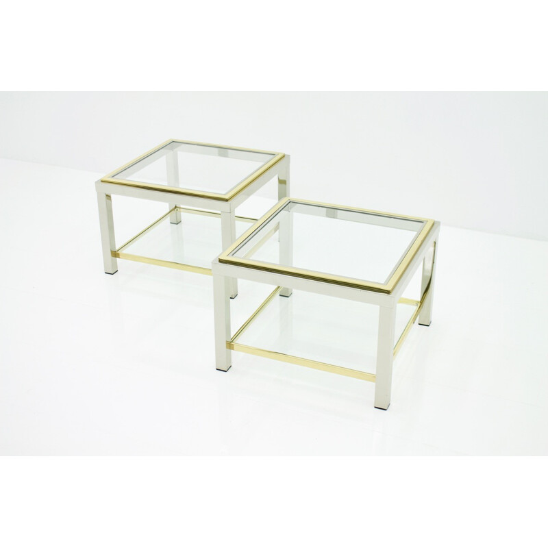 Pair of Vintage Chrome Glass and Brass Side Tables - 1970s