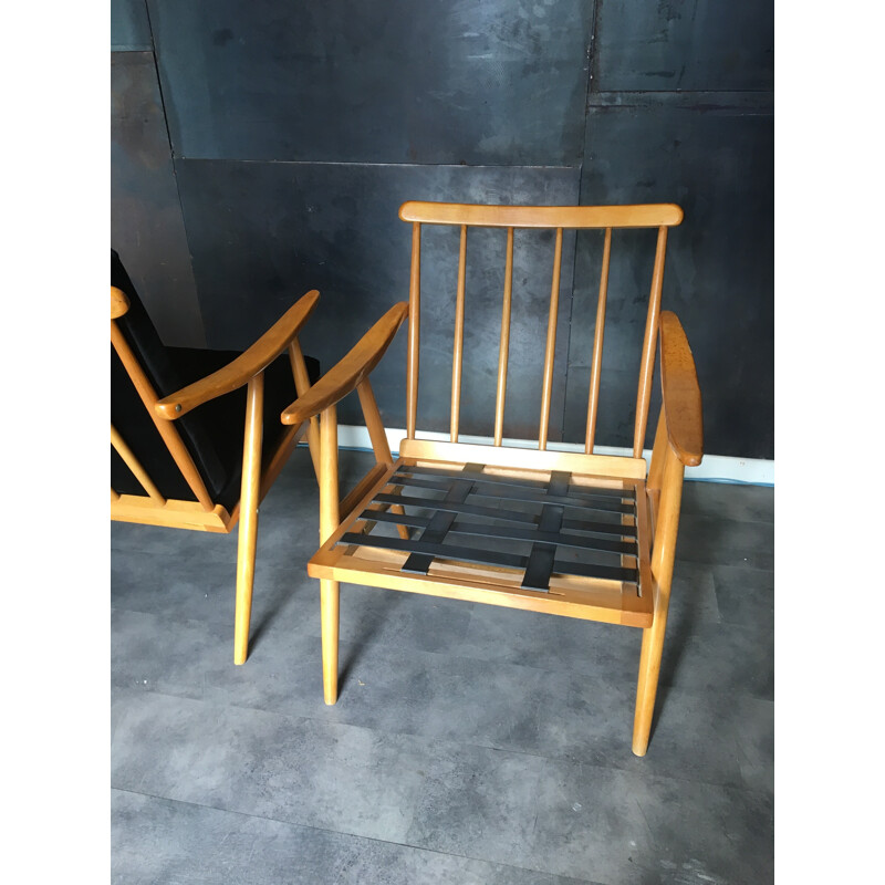 Pair of vintage wooden black armchairs - 1970s