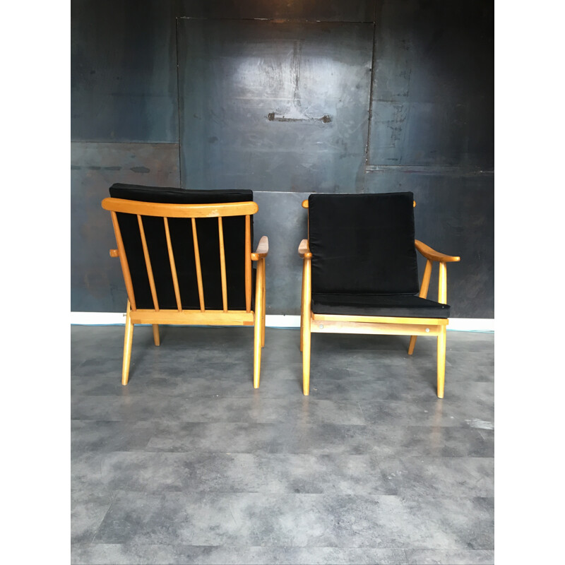 Pair of vintage wooden black armchairs - 1970s