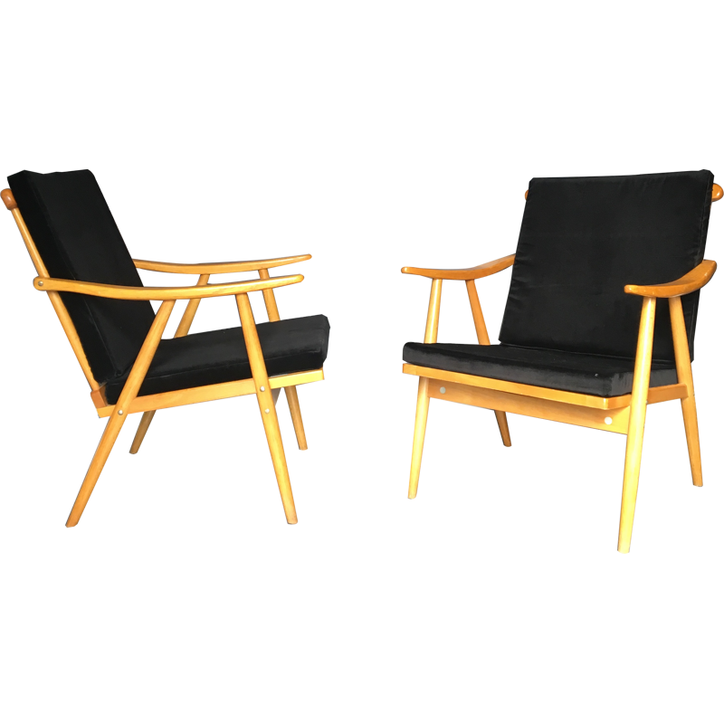 Pair of vintage wooden black armchairs - 1970s