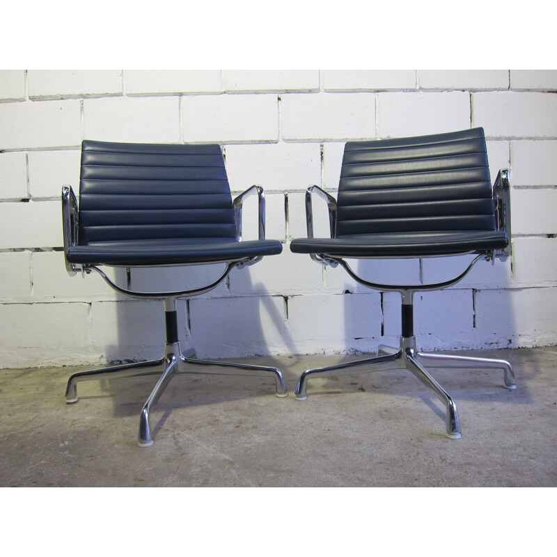 Vintage set of 2 blue office chairs in aluminium "EA108" for Herman Miller - 1970s