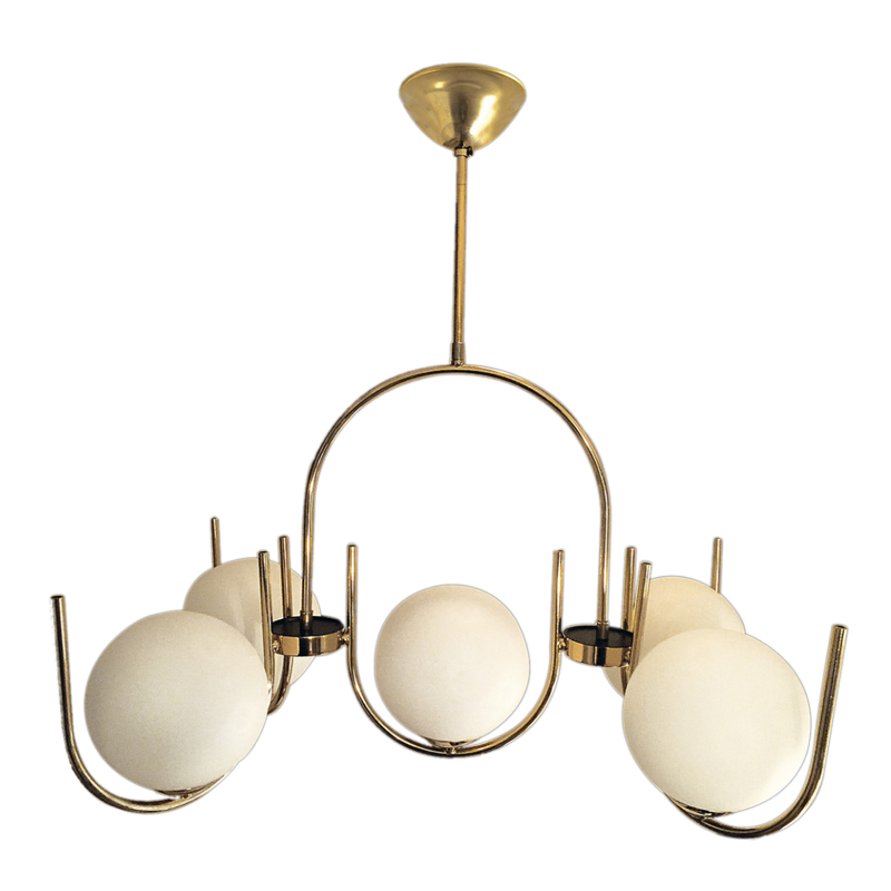 Vintage chandelier in gold metal and satin opalines - 1960s