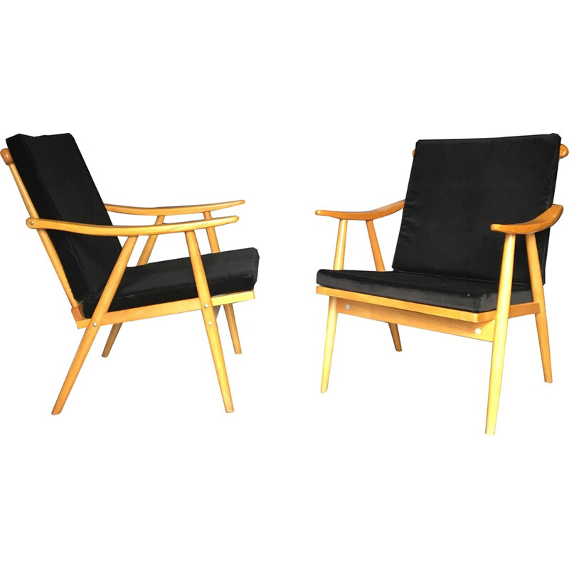 Pair of vintage wooden black armchairs - 1970s