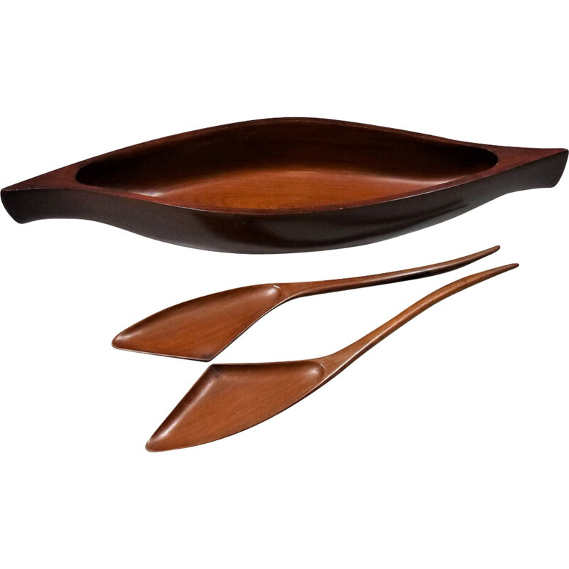 Vintage Danish Teak Salad Bowl & Cutlery - 1960s