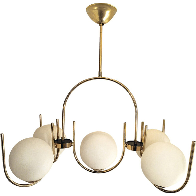 Vintage chandelier in gold metal and satin opalines - 1960s
