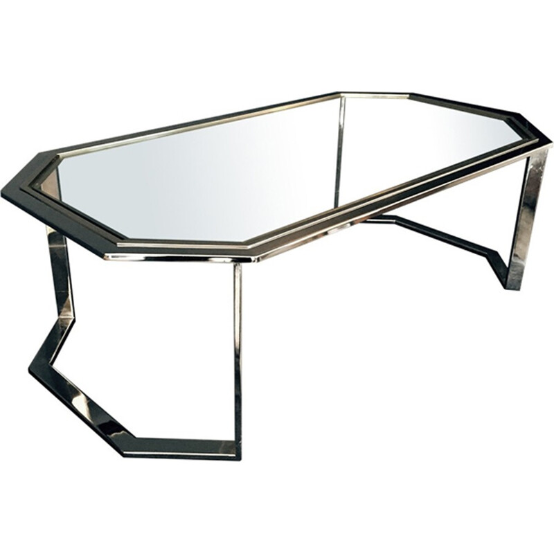 Vintage octagonal chromed & gold metal coffee table - 1970s