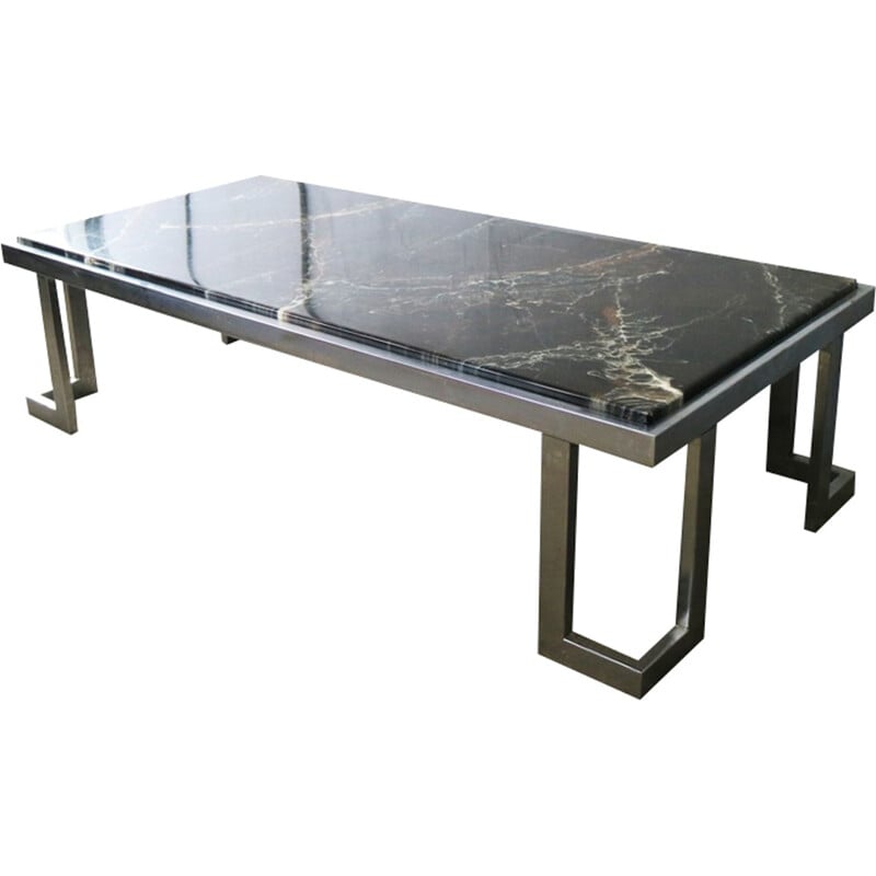 Vintage Italian mid century chrome and faux marble long coffee table - 1970s