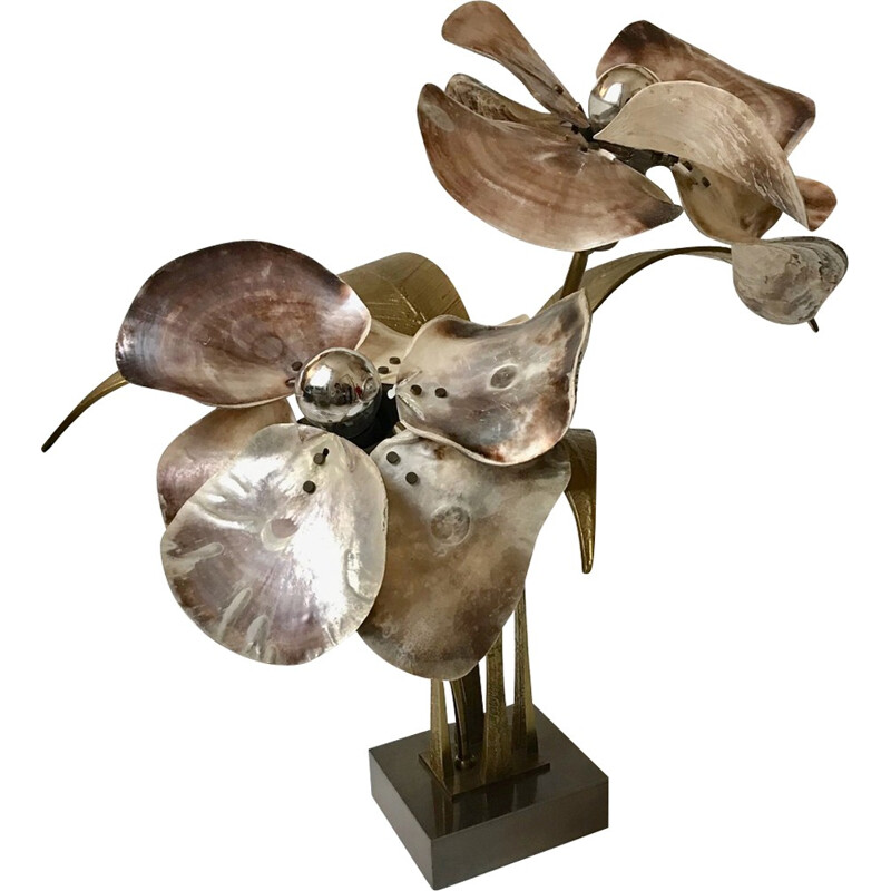 Lampe de table vintage en bronze et nacre de Willy Daro - 1970