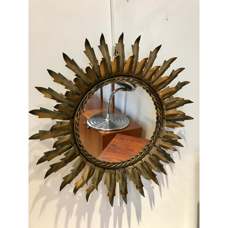 Miroir soleil vintage en métal doré - 1970