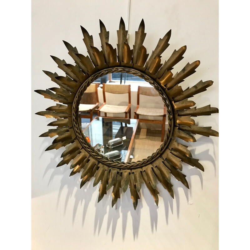 Miroir soleil vintage en métal doré - 1970