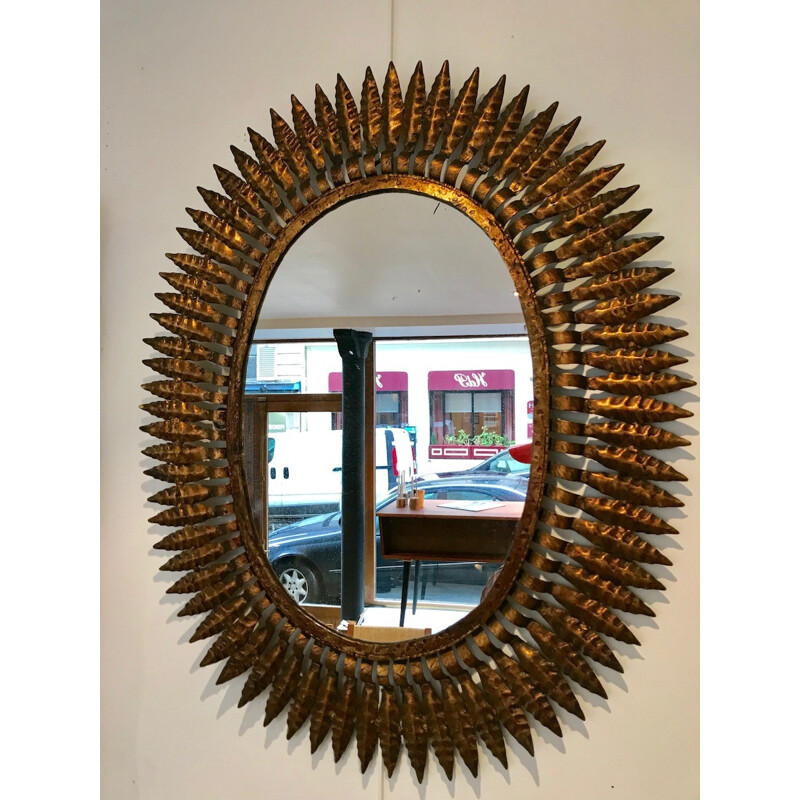 Miroir vintage soleil en métal doré - 1950