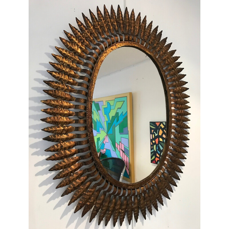 Miroir vintage soleil en métal doré - 1950