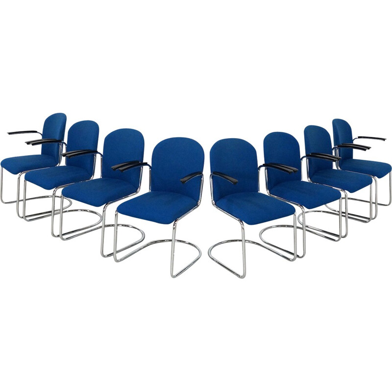 Set of 8 Blue scandinavian vintage chairs model 413 R by W.H. Gispen for Dutch Originals - 2000s