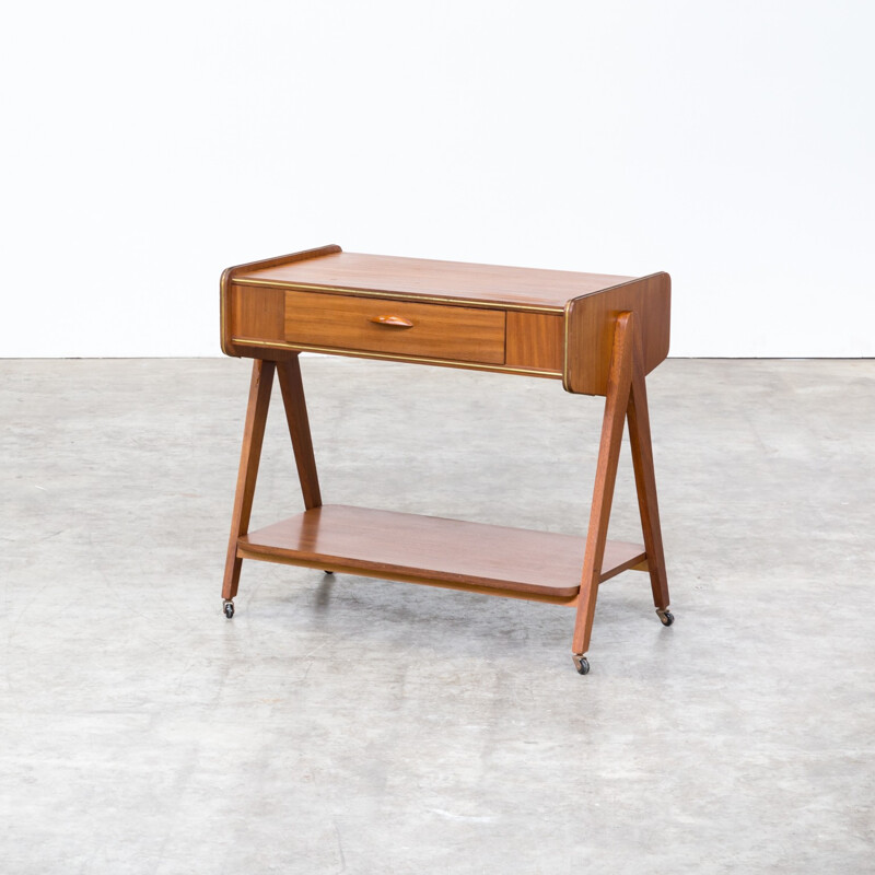 Teak serving trolley cabinet with brass elements - 1960s