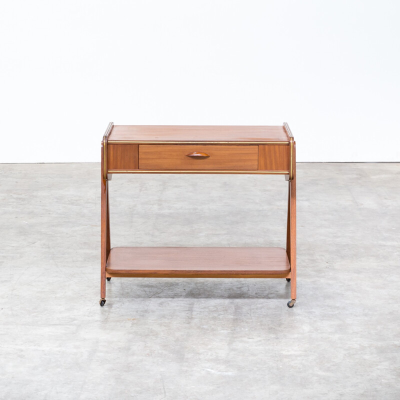 Teak serving trolley cabinet with brass elements - 1960s