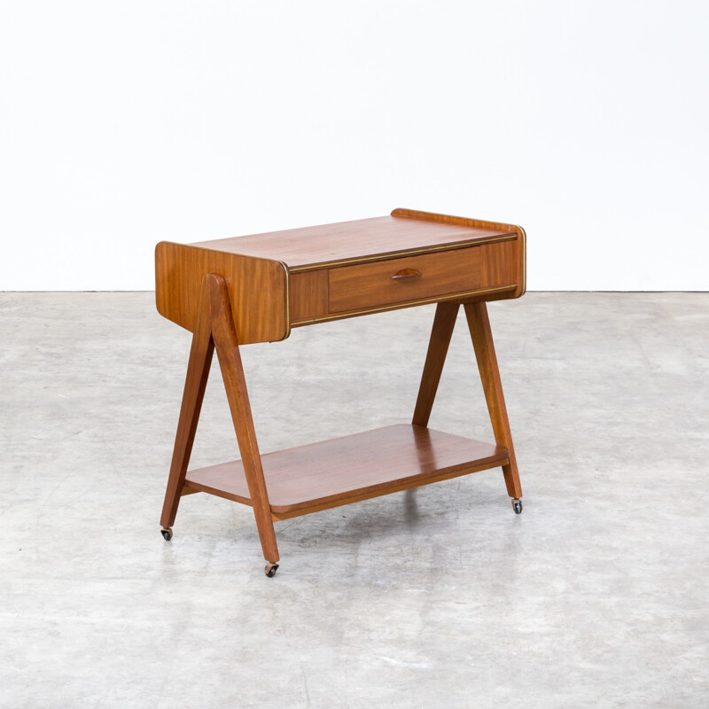 Teak serving trolley cabinet with brass elements - 1960s